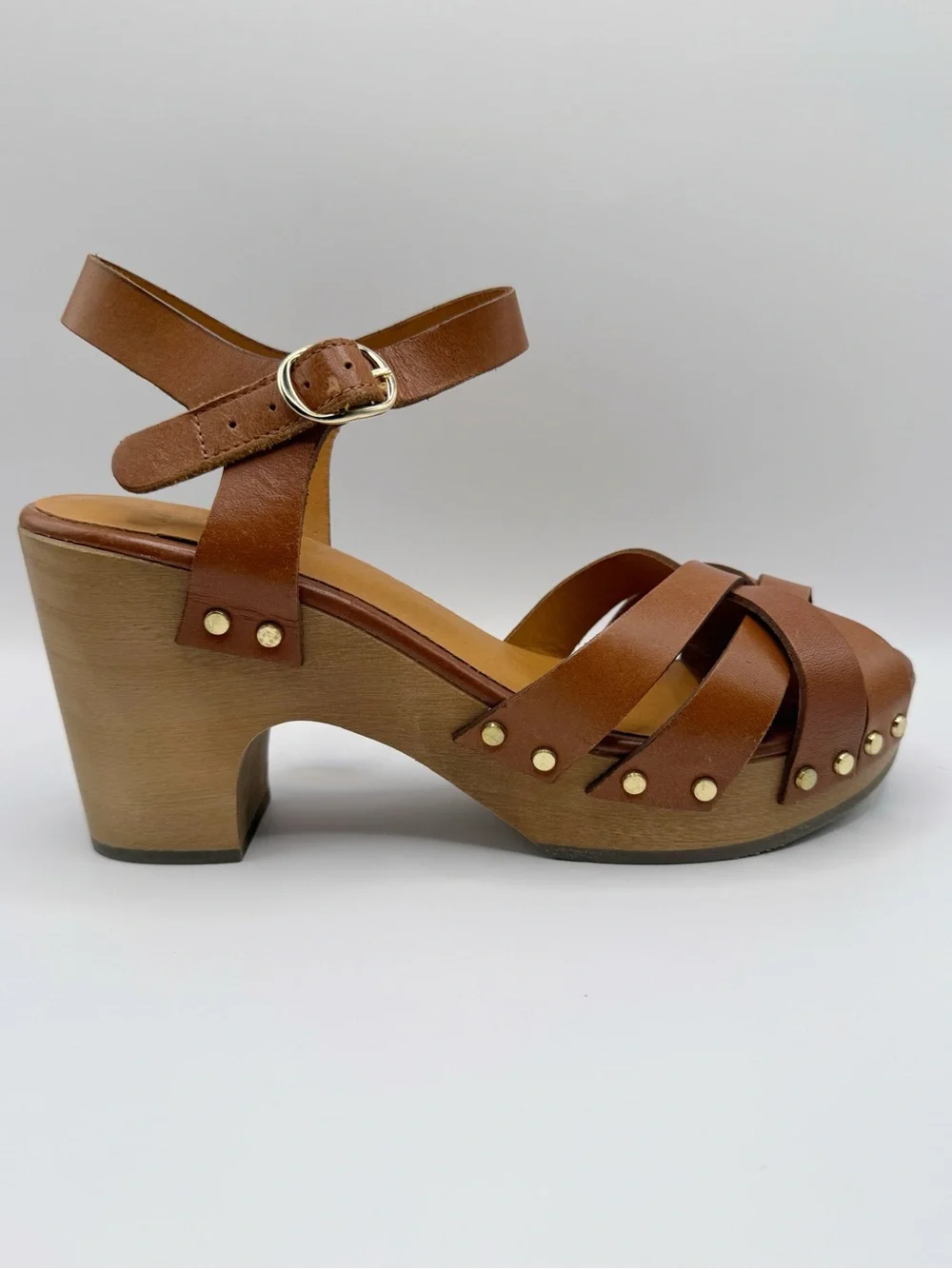 Sézane Isabelle Clogs Smooth Camel Leather Wooden Platform Sandals Brown 39 Shoe